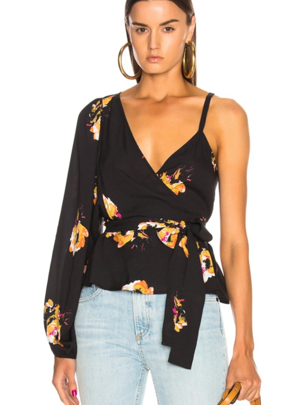 A.L.C. Mickalene Black Floral Tie-Waist Wrap Blouse